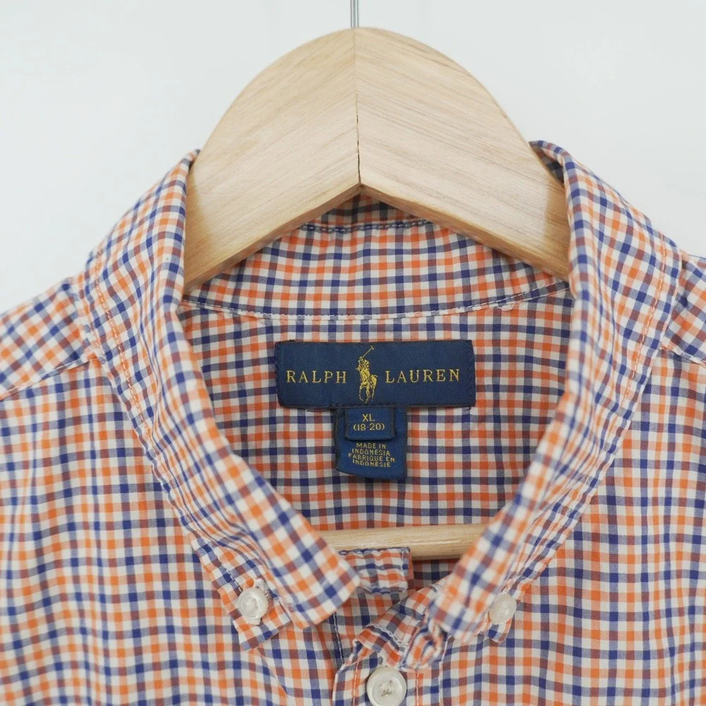 Ralph Lauren Button Down Shirt Boys XL 18-20 Orange Blue Gingham Check Cotton